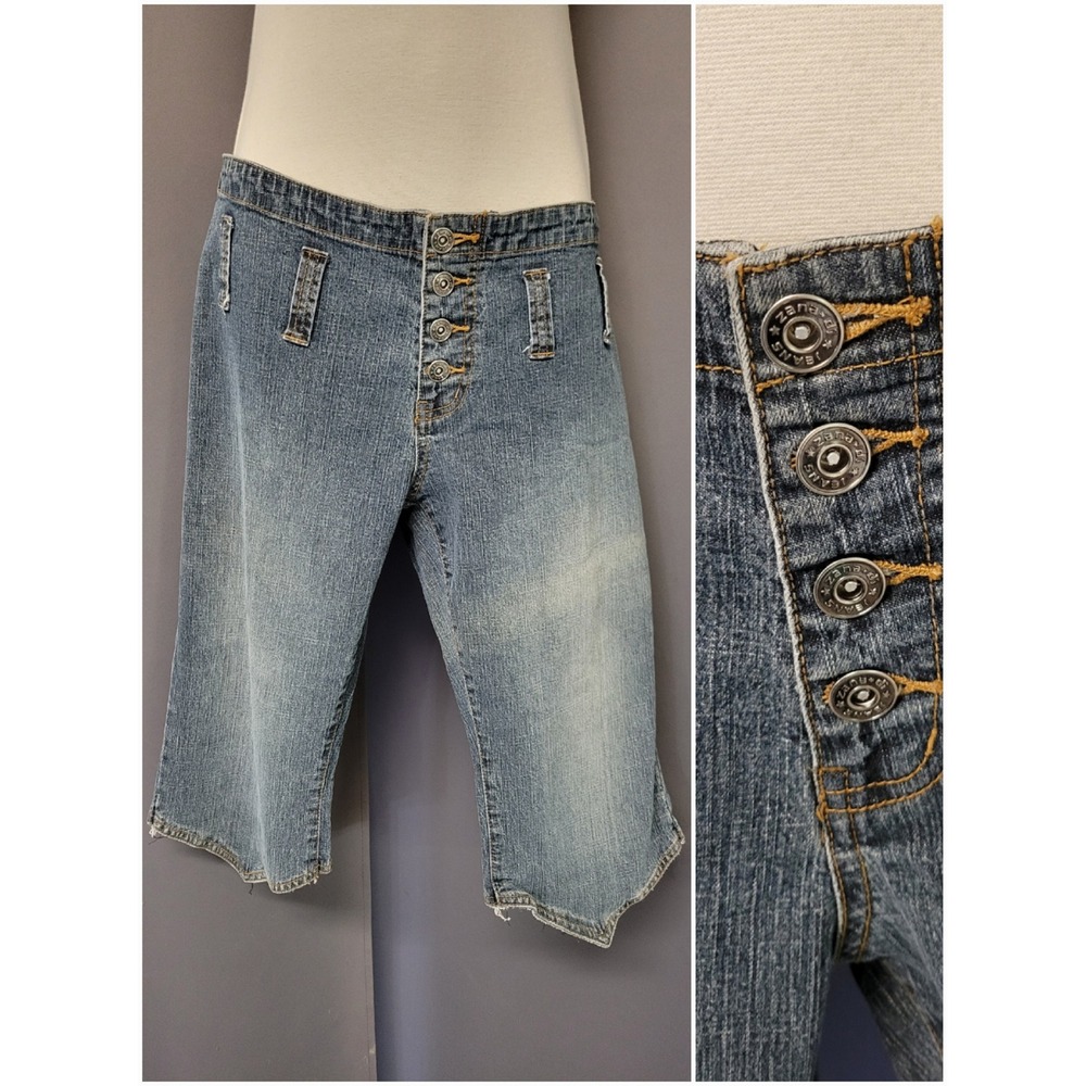 Vintage 90s y2k Zana-Di Capri Jeans Blue Y2K Handkerchief Hem Button Fly Size 11